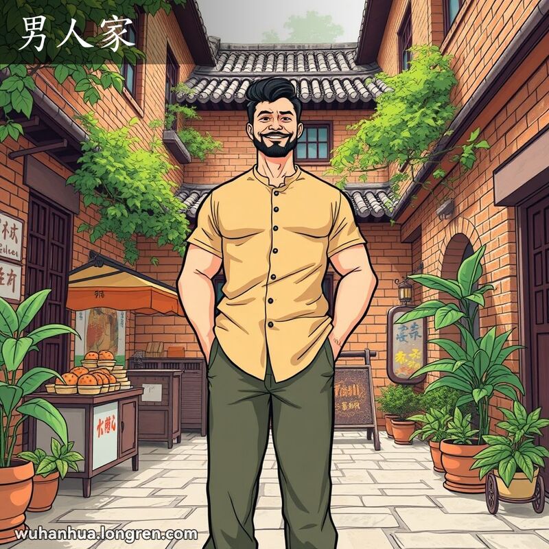一位强壮、自信的男子站在武汉传统庭院中，背景是老砖墙和茂密的植被，展现男子汉气概。