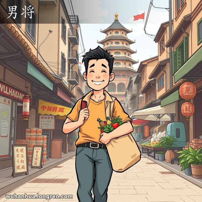 一位武汉男子在老街上自信地行走，手提食材，背景有街边摊贩和黄鹤楼