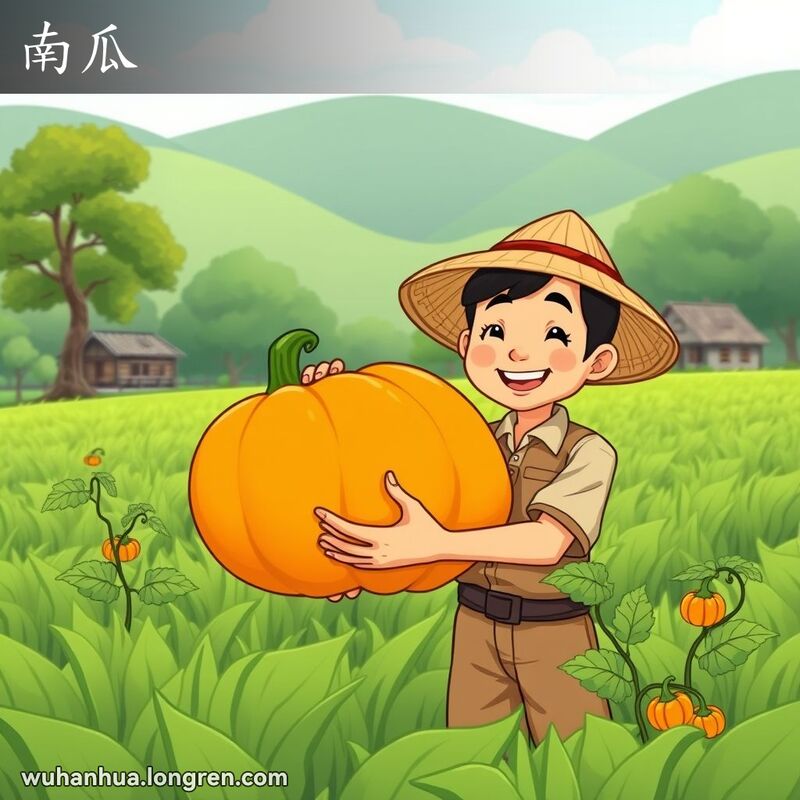 一位武汉农民在田野中手捧成熟的南瓜，背景是传统乡村景色和小菜园。