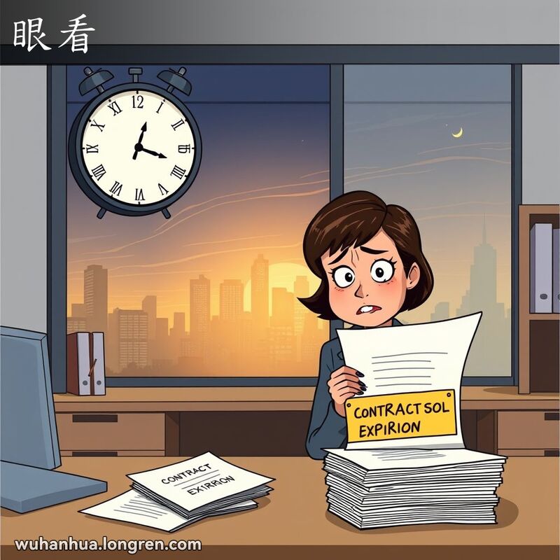 一位职业女性在办公室焦急地看着墙上的钟和桌上的合同文件，背景是城市景观和黎明的曙光