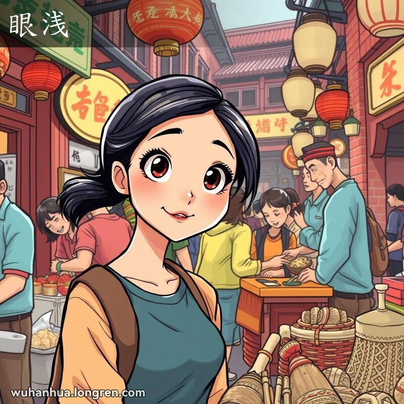 一位武汉女子在市场中看着工匠，眼中充满羡慕和嫉妒，背景是热闹的市场景象