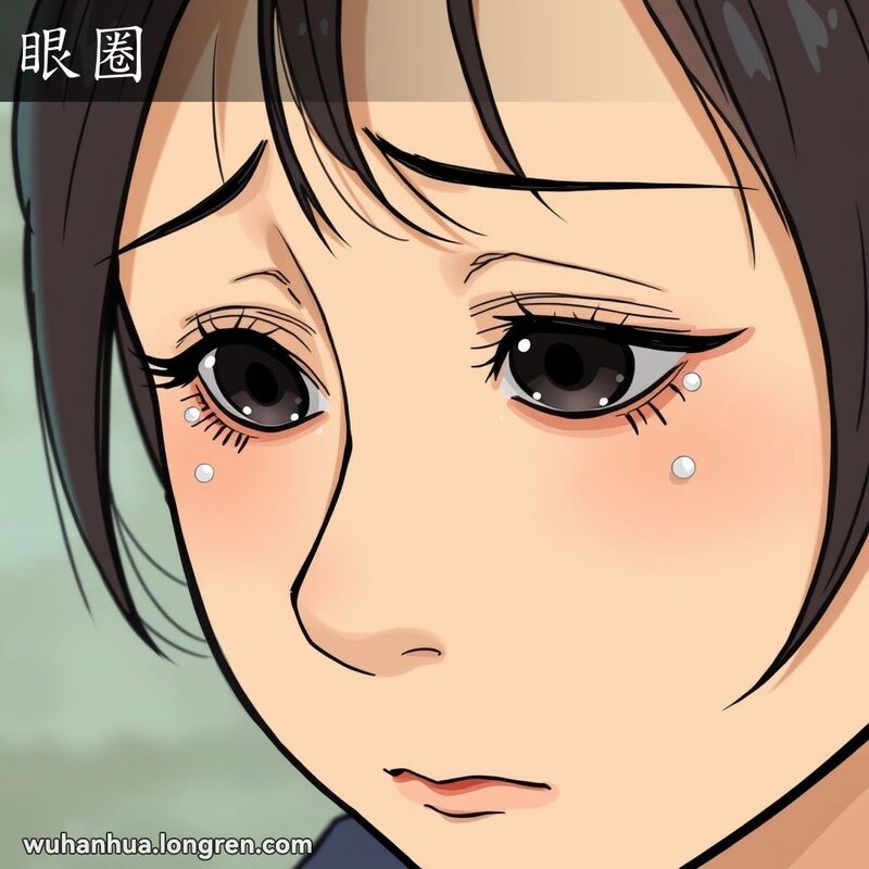 一个人眼眶湿润，眼泪在眼眶中打转，眼圈红肿，表情悲伤和疲惫，背景模糊。