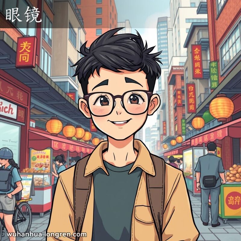 一位年轻的武汉市民站在繁忙的街道上，戴着时尚眼镜，背景是混合了老旧和现代建筑的武汉街景