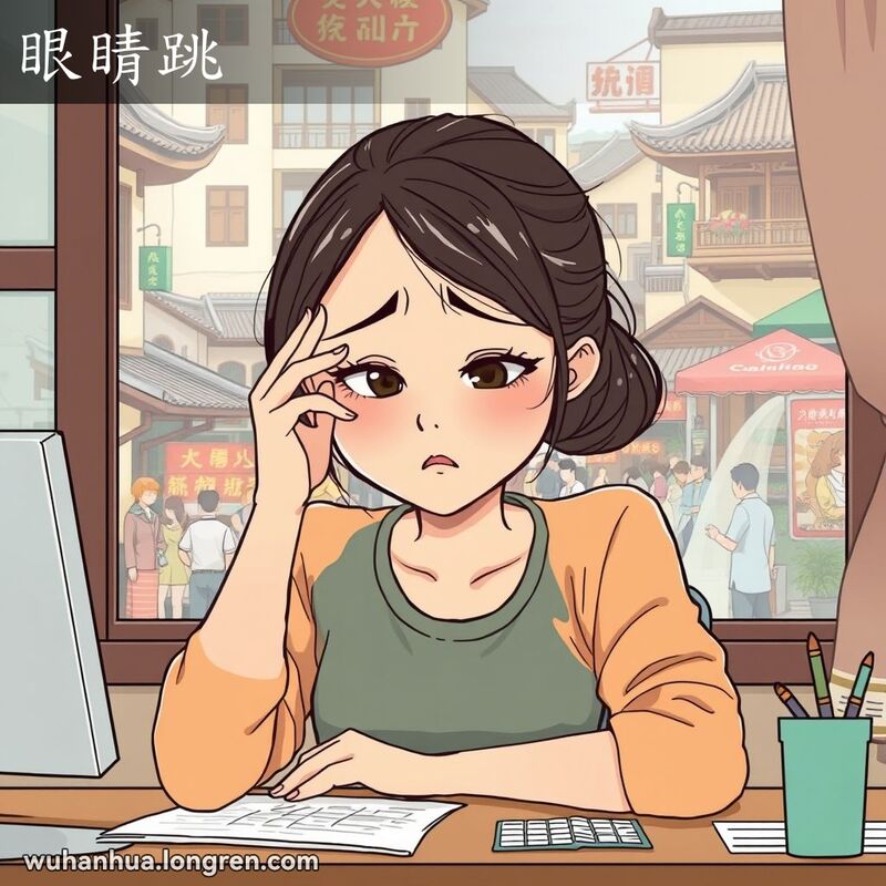 一位武汉年轻女子坐在书桌前，揉着疲惫的眼睛，左眼皮跳动，表情忧虑，背景是武汉传统街景。