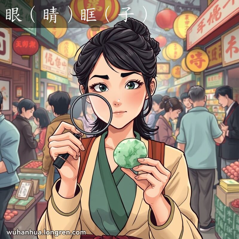 一位武汉年轻女子在市场中用放大镜检查玉石，表情严肃，背景是繁忙的市场和摊贩