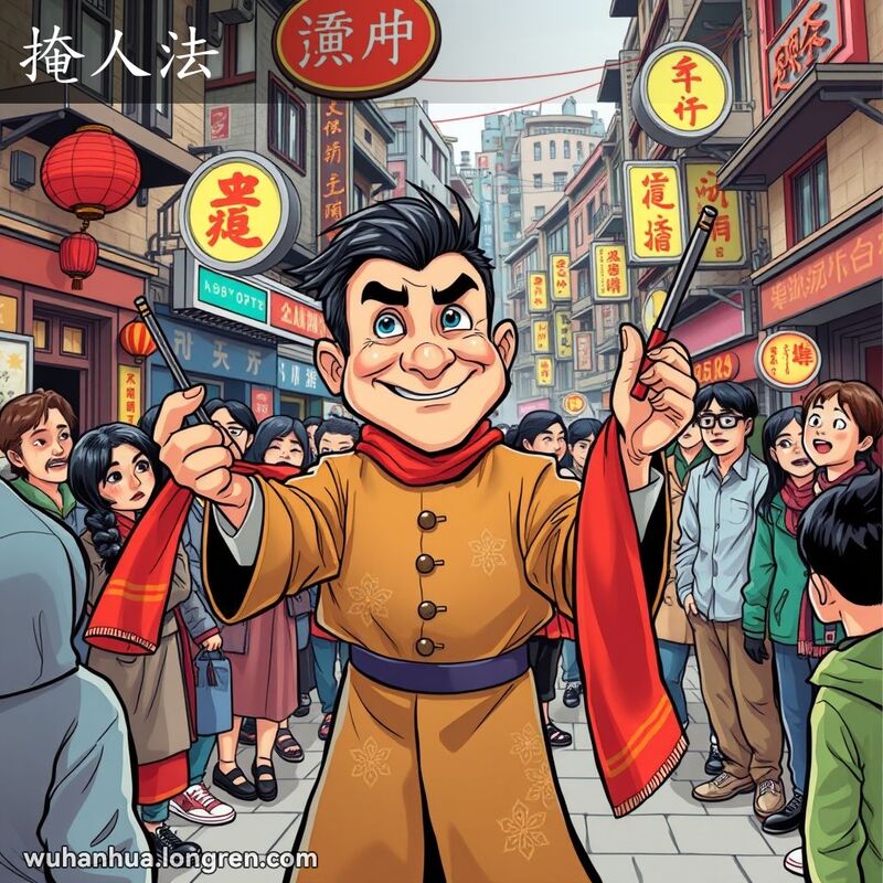武汉街头魔术师用障眼法表演魔术，背景是繁忙的街道和观众