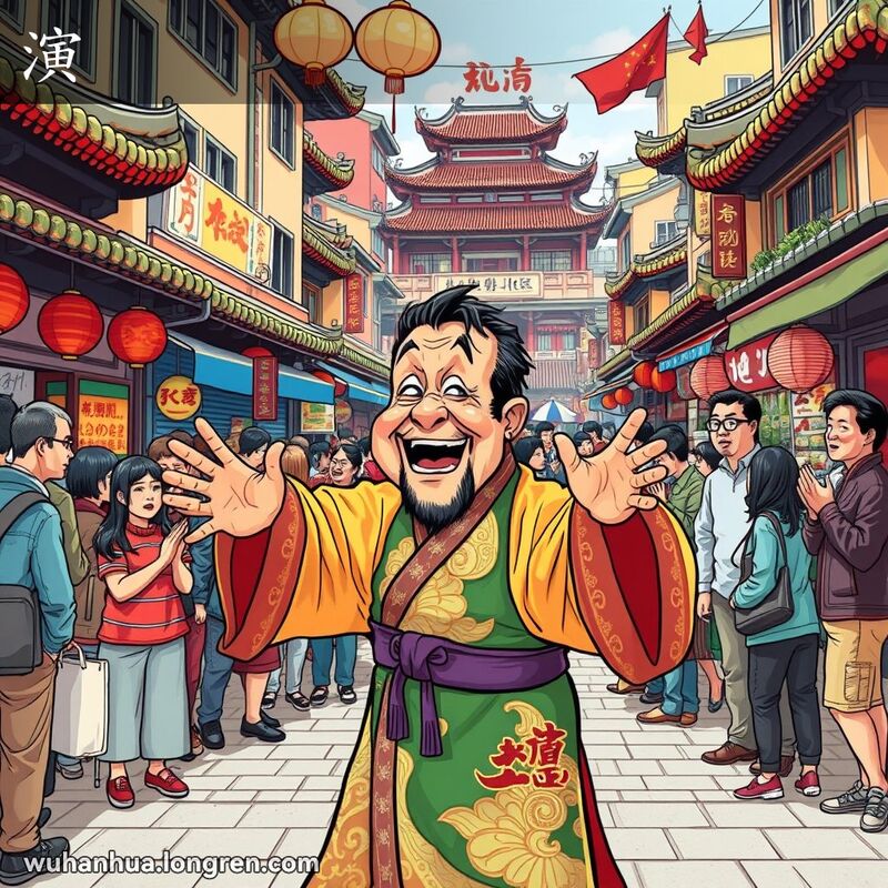 一位武汉市民在街头表演历史剧，背景是热闹的市场和观众