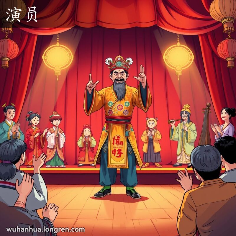 一位武汉演员在传统戏剧舞台上表演，身穿色彩鲜艳的戏曲服装，背景有其他演员和观众鼓掌欢呼