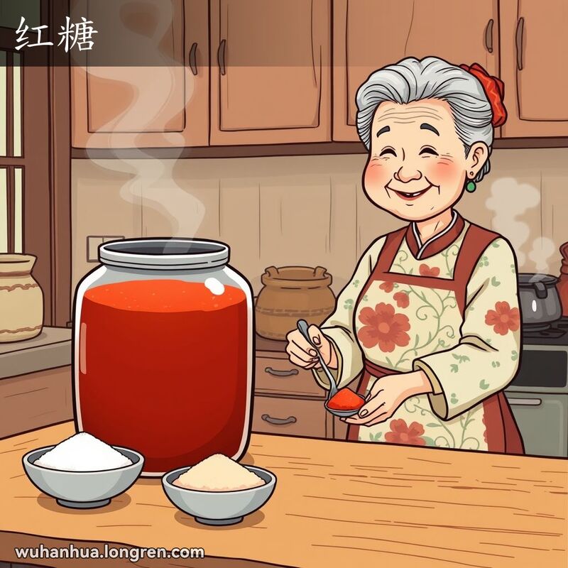 武汉厨房里，奶奶微笑着舀红糖，背景是温馨的家庭烹饪场景