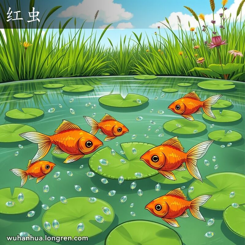 清澈的池塘中，水蚤成群游动，金鱼在吞食水蚤，背景是宁静的自然景观。