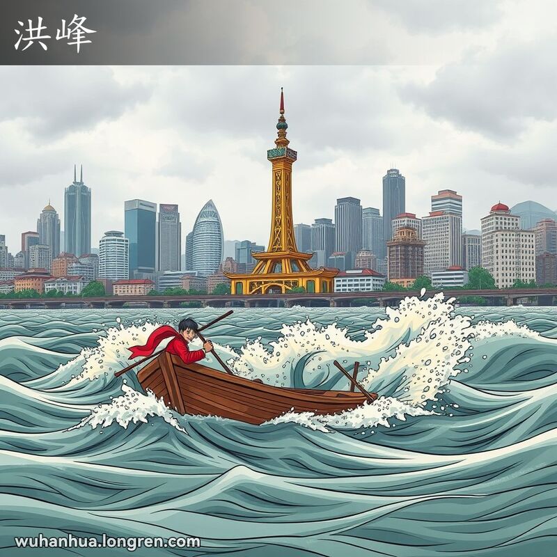 武汉黄鹤楼背景下的长江洪水，水位上涨，小船在湍急水流中挣扎，渔夫表情坚定而担忧。