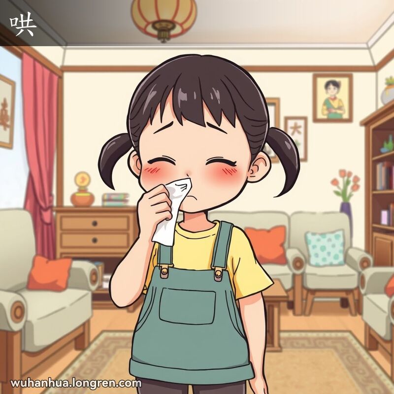 一位武汉女孩在客厅里用纸巾捏住鼻子擤鼻涕，背景是温馨的家庭环境