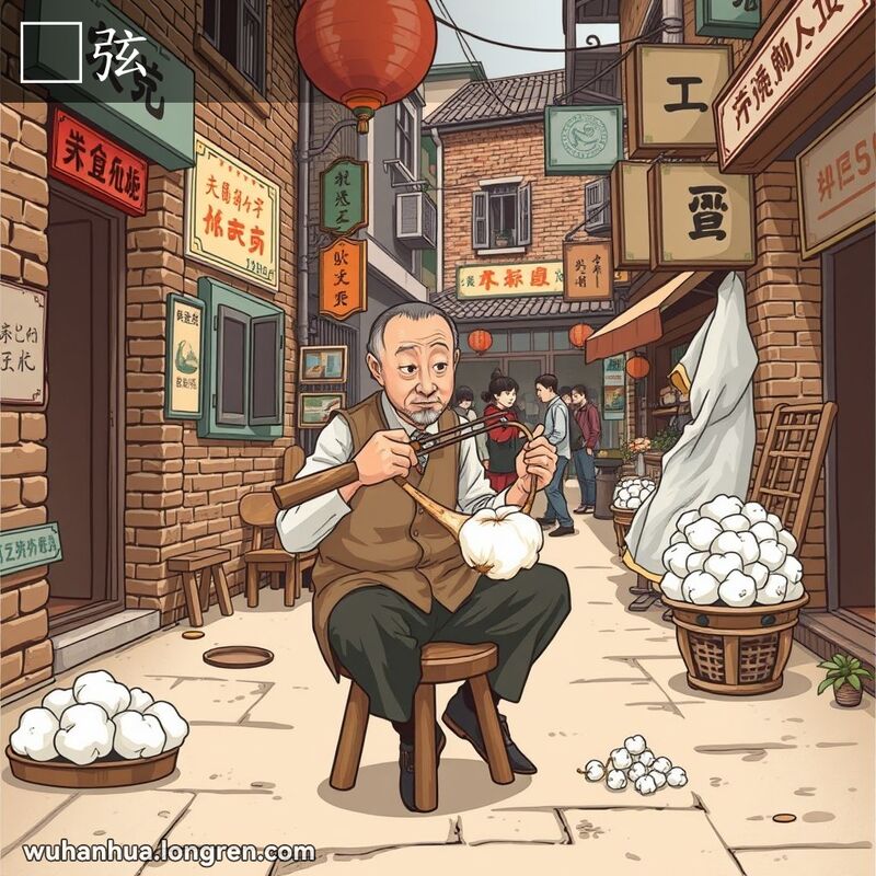 一位武汉手工艺人手持弹棉花弓，背景是武汉老街景