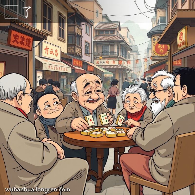 一群武汉老街坊在街边玩麻将，一位老人手持麻将牌露出惊讶和悲伤的表情，背景是武汉老街景