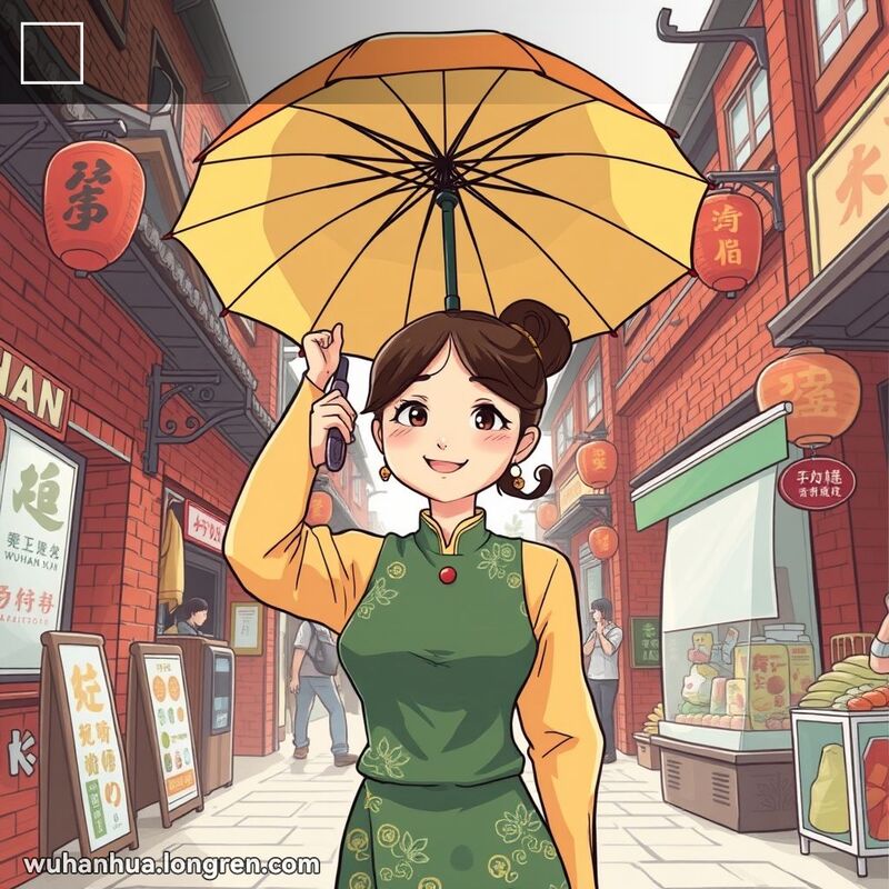 一位年轻女子在武汉市场中高高举起一把鲜艳的雨伞，背景是热闹的老街景