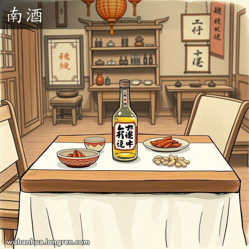 一瓶标有“南酒”的白酒摆放在传统木桌上，旁边有两个小酒杯和一盘小吃，背景是旧时武汉的家庭场景