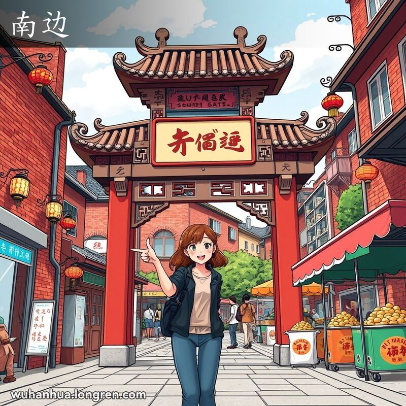 武汉街道上，一位年轻女子站在传统牌坊旁，指向南方，背景有老建筑和市场。