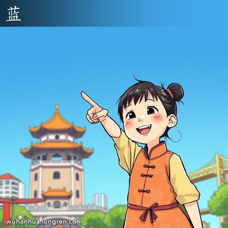 一个晴朗的武汉日子，天空呈现出深邃的蓝色，一位小女孩抬头指向天空，背景有黄鹤楼和长江大桥