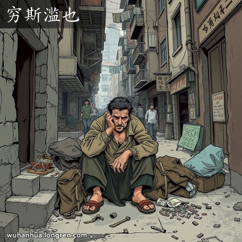 一位穿着破旧衣服的男子坐在武汉老街巷的破旧建筑台阶上，头埋在手中，显得疲惫和忧虑，周围散落着破旧的物品，背景是巷子里的忙碌生活场景。