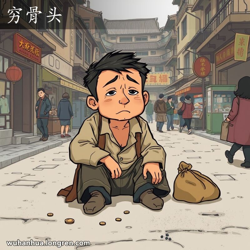 一位衣衫褴褛的男子坐在地上，神情悲伤且失落，周围散落着几枚硬币和一个破旧的袋子，背景是繁忙的武汉老街