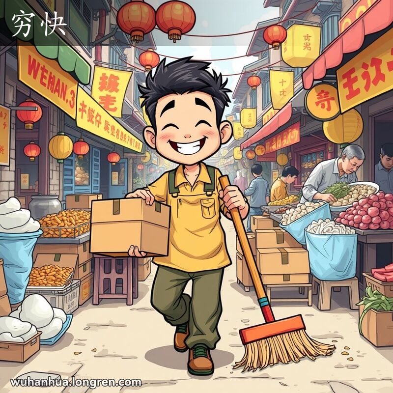 一位武汉年轻人在街市中忙碌，帮助摊贩搭建摊位、搬运重物、打扫地面，展现勤快的特质。
