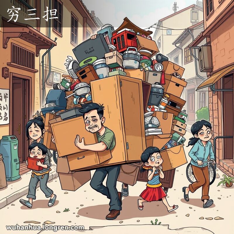 一个武汉家庭在搬家，搬运大量家用物品，每个人都显得疲惫不堪，背景是武汉老街景