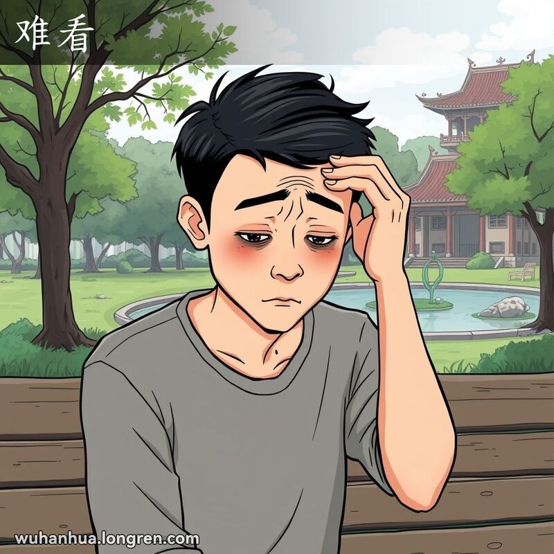 一位年轻的武汉男子坐在公园长椅上，面色苍白，神情忧虑，脸色明显不健康，背景是武汉公园景象