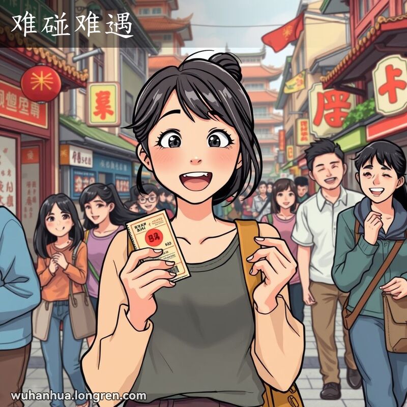 一位年轻女子在武汉街头手持中奖彩票，表情惊喜，周围路人微笑祝贺，背景是传统建筑和本地商店