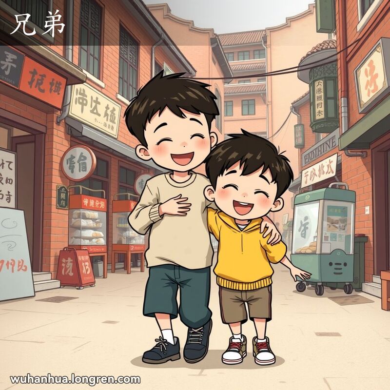 两个年幼的男孩在武汉老街区一起玩耍，哥哥搂着弟弟，两人脸上洋溢着快乐的笑容，背景是武汉传统的红砖墙和小摊贩
