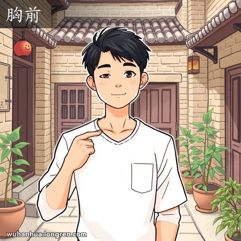 一位武汉年轻人站在庭院中，指着胸前的痣，背景是武汉老街景