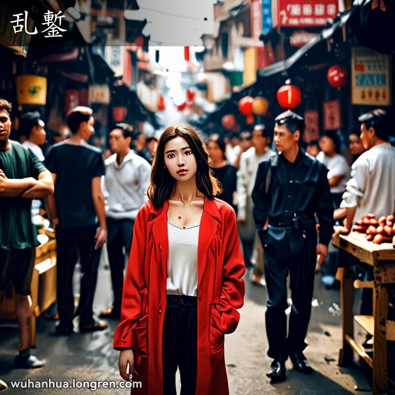一位年轻女子在武汉街头市场中行为轻浮，周围男子不赞同地看着她，背景是传统的红砖建筑和老式店铺。