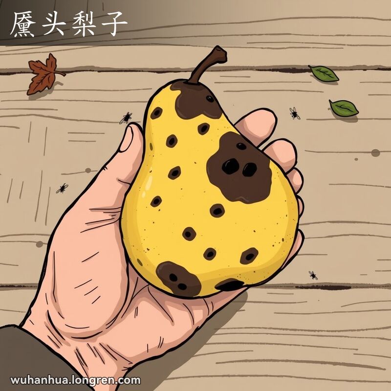一只手握着一颗有黑色烂斑的梨子，背景是简单的木桌和散落的叶子