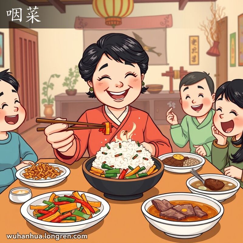 一位中年妇女在家庭聚餐时用筷子夹菜放进米饭碗里，脸上带着享受美食的笑容，桌上摆满了各种菜肴。