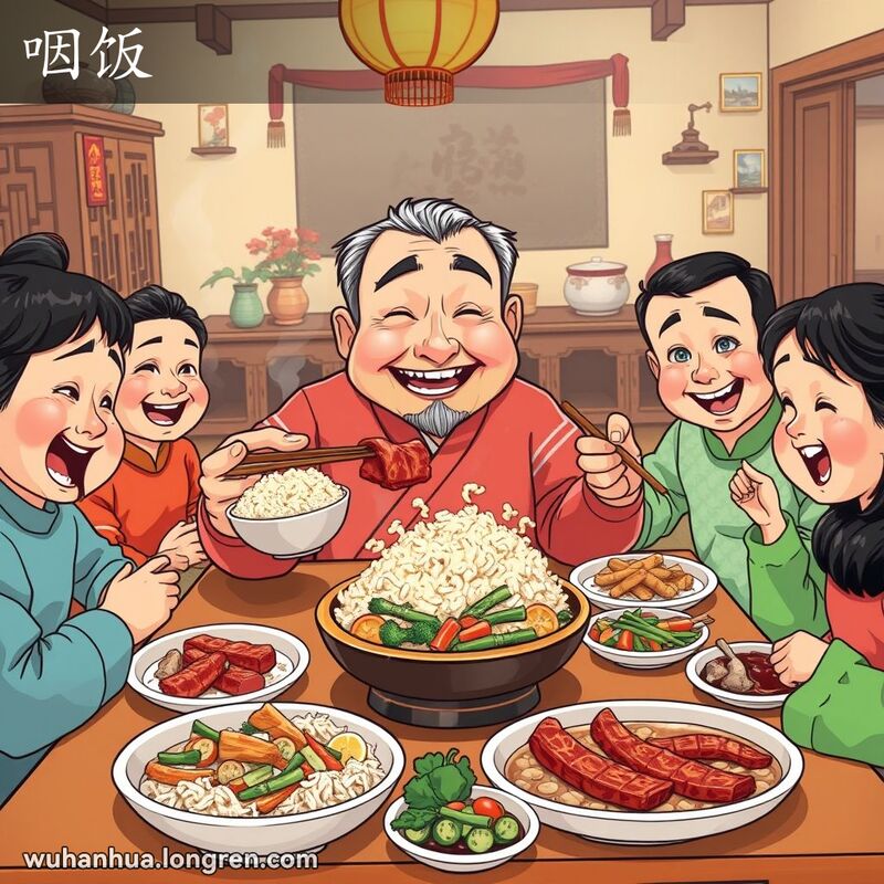 一家人围坐在桌旁，主角中年男子正夹菜下饭，背景是温馨的武汉传统家庭环境