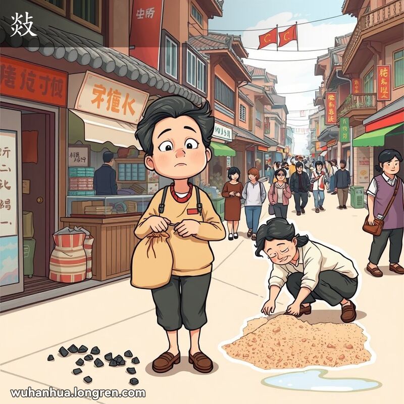 一位中年妇女在武汉街头手持煤炭袋，煤炭散落在地，表情略显懊恼，背景是繁忙的街景。