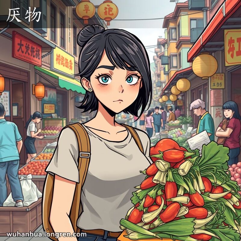 一位年轻女子在武汉街头市场中，看着腐烂的蔬菜露出厌恶的表情，背景是繁忙的市场
