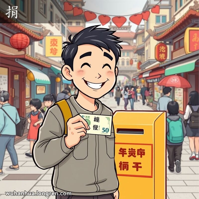 一位武汉男子站在捐款箱前，手持五十元人民币，准备捐赠，背景是繁忙的武汉街道