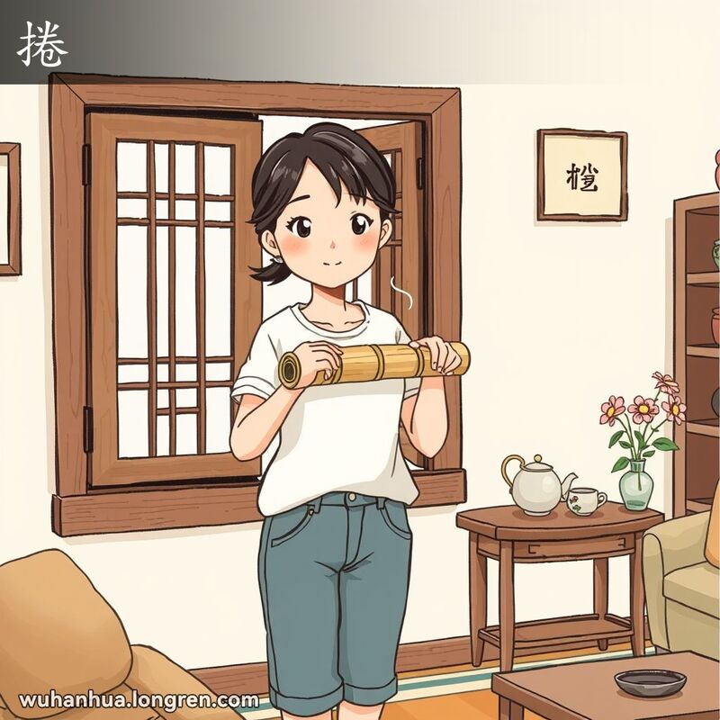 一位女子在客厅中双手卷起竹帘，竹帘呈圆筒状，背景是传统中式装饰的客厅