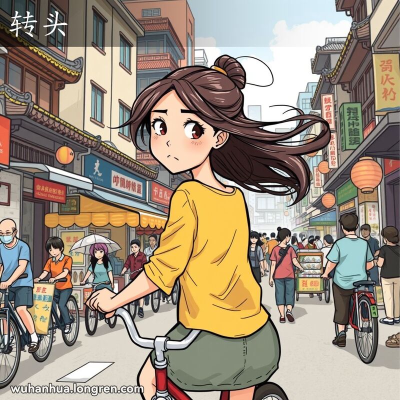 一位骑自行车的武汉女子在街头转头回望，表情好奇且略带担忧，背景是武汉街景
