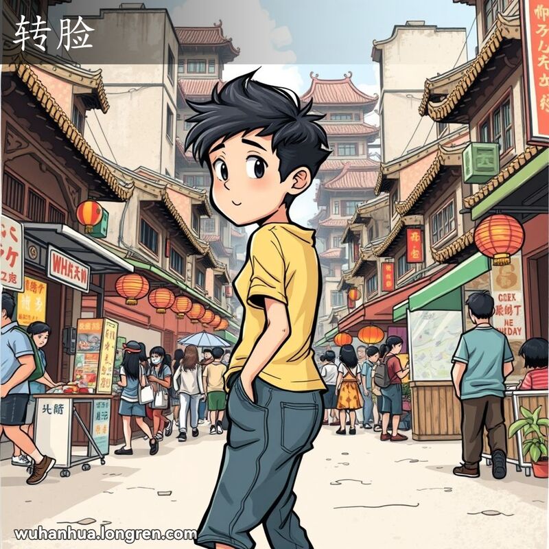 一位年轻人在武汉街头转动头部，背景是繁忙的老街景