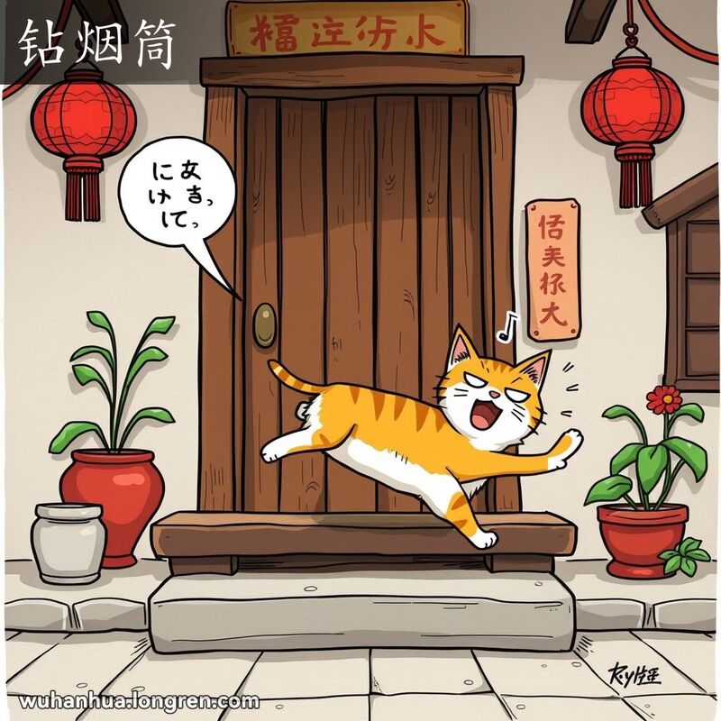 一只猫试图跳过武汉传统房屋的门槛，表情夸张，背景有红灯笼和盆栽