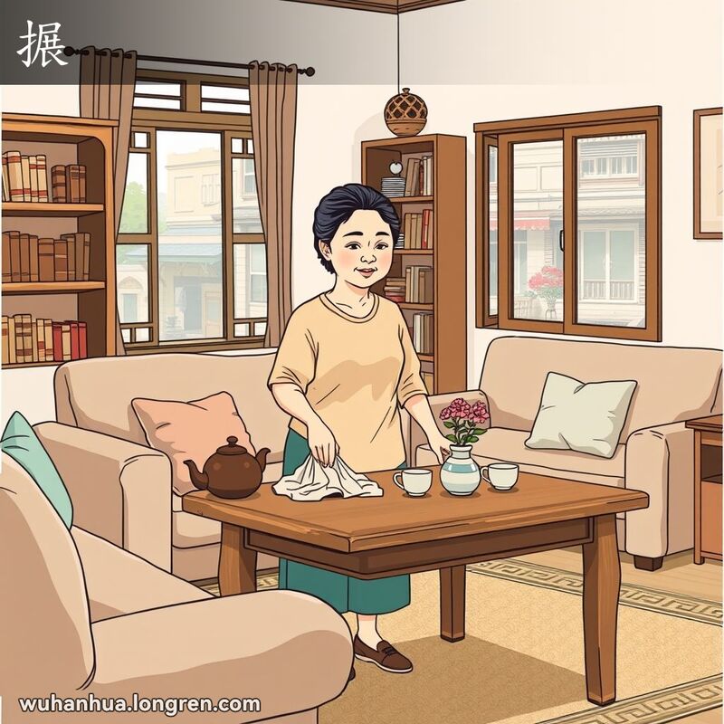 一位中年妇女在客厅里用布轻轻擦拭桌子上的水渍，背景是温馨的家庭环境和武汉街景。