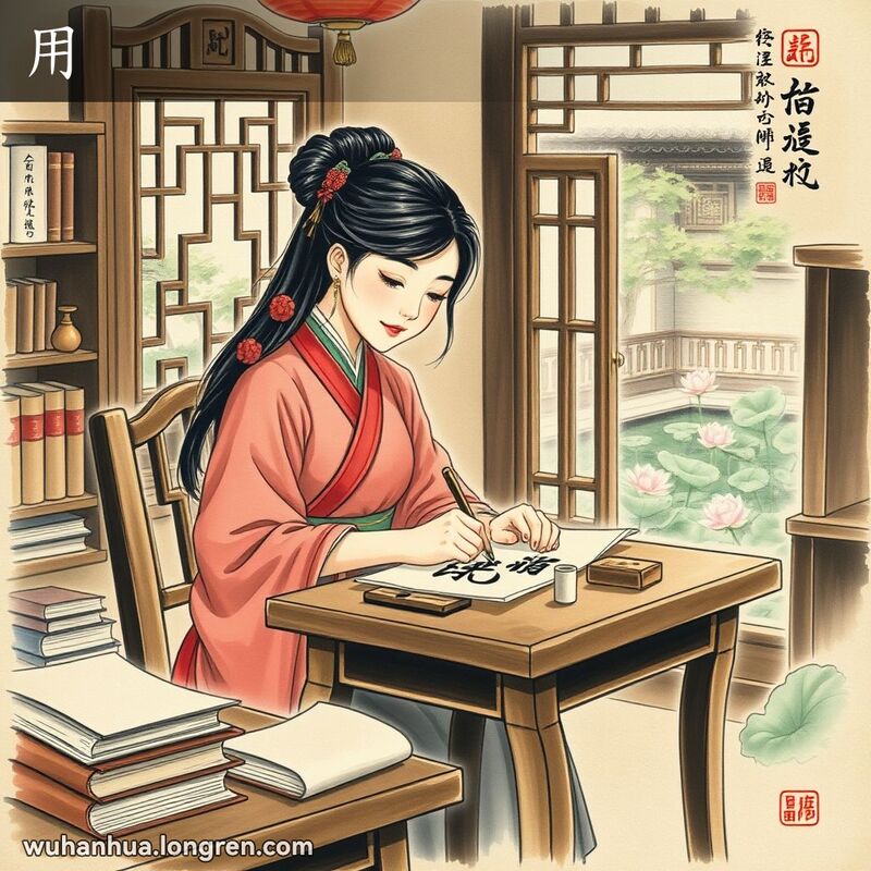 一位年轻的武汉女子在传统书房中用毛笔书写汉字，背景是宁静的庭院和书法工具