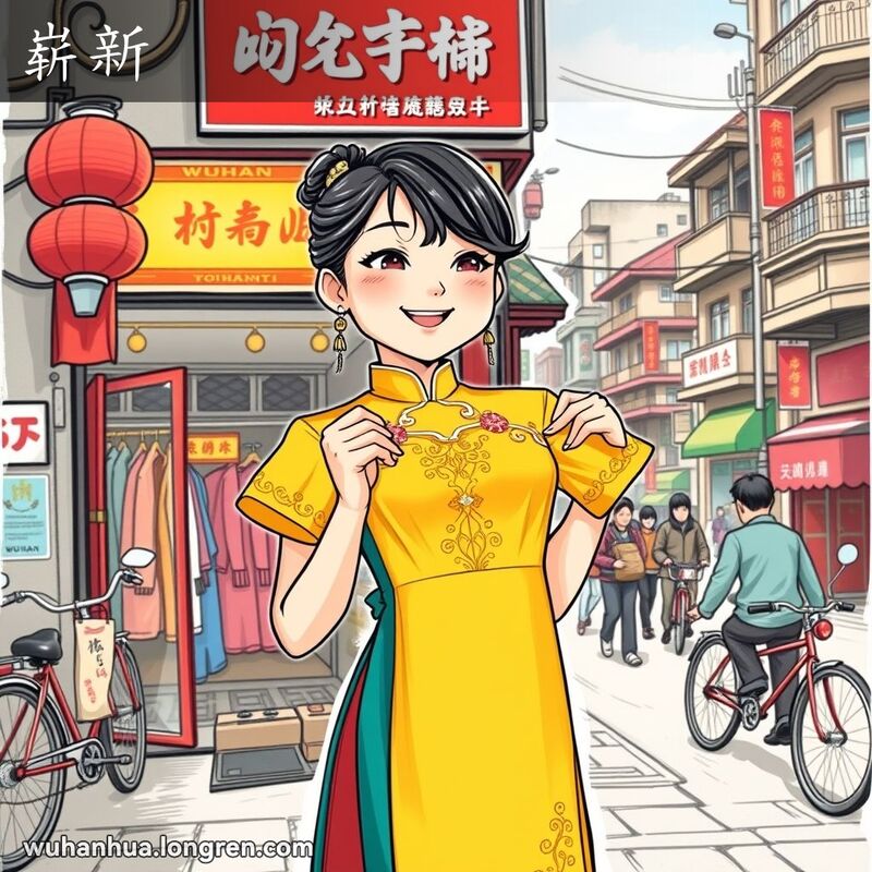一位年轻的武汉女子站在服装店前，手持崭新的连衣裙，脸上露出兴奋和自豪的表情，背景是武汉繁忙的街道。