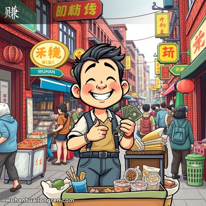 武汉市场街道上，一位小贩站在摊位后，手握钞票，露出满意的笑容，背景是热闹的市场场景。