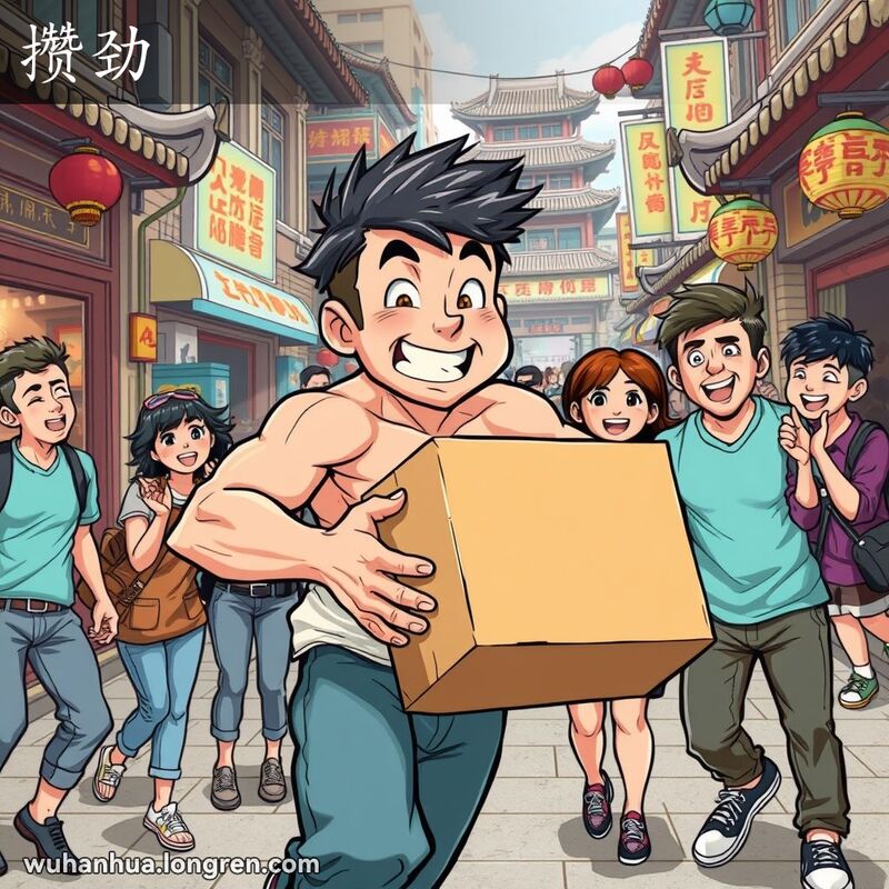 一群朋友在武汉街头，主角全力搬运箱子，其他人加油打气，背景是繁忙的街道和摊贩
