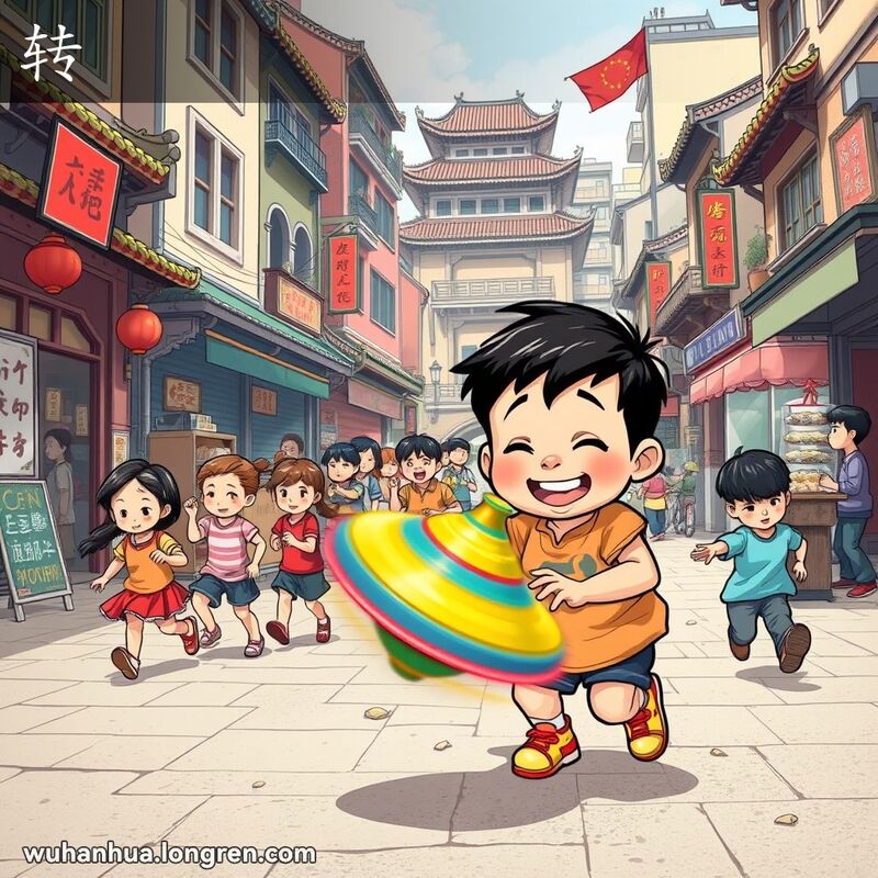 一个小男孩在武汉街头玩旋转陀螺，背景是奔跑玩耍的孩子们和繁忙的街景