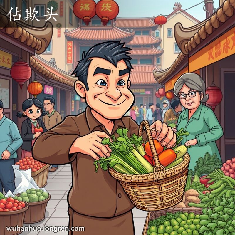 一个狡猾的男子在武汉街头市场上偷拿蔬菜，摊主在一旁警惕地观察，背景是热闹的市场