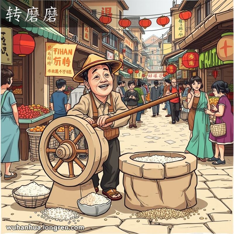 一位武汉市民在街市上操作老式石磨，背景是热闹的市场和行人