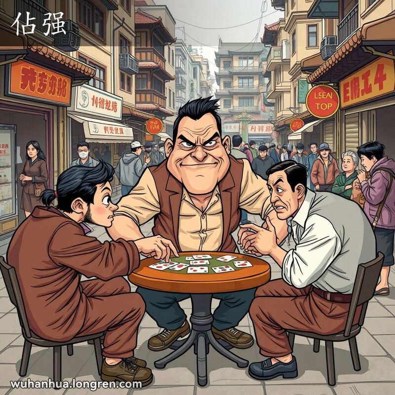 一群武汉市民在街边茶馆外打牌，一位男子霸道地接管牌局，背景是武汉老街景